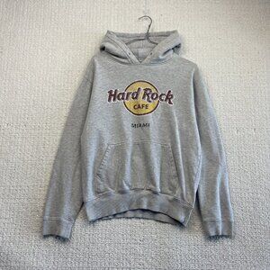 Y2K Hard Rock Cafe Miami Gray Hoodie Sweatshirt Adult Sz M Distressed Logo Print